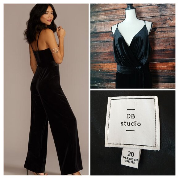 NWT DB Studio Jumpsuit Plus Size 20 Black Velvet Belted David's Bridal - Picture 1 of 10